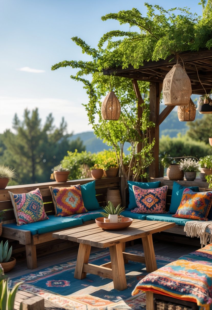 Outdoor terrace with rustic wooden benches, a wooden table, colorful cushions, and potted plants under natural sunlight.