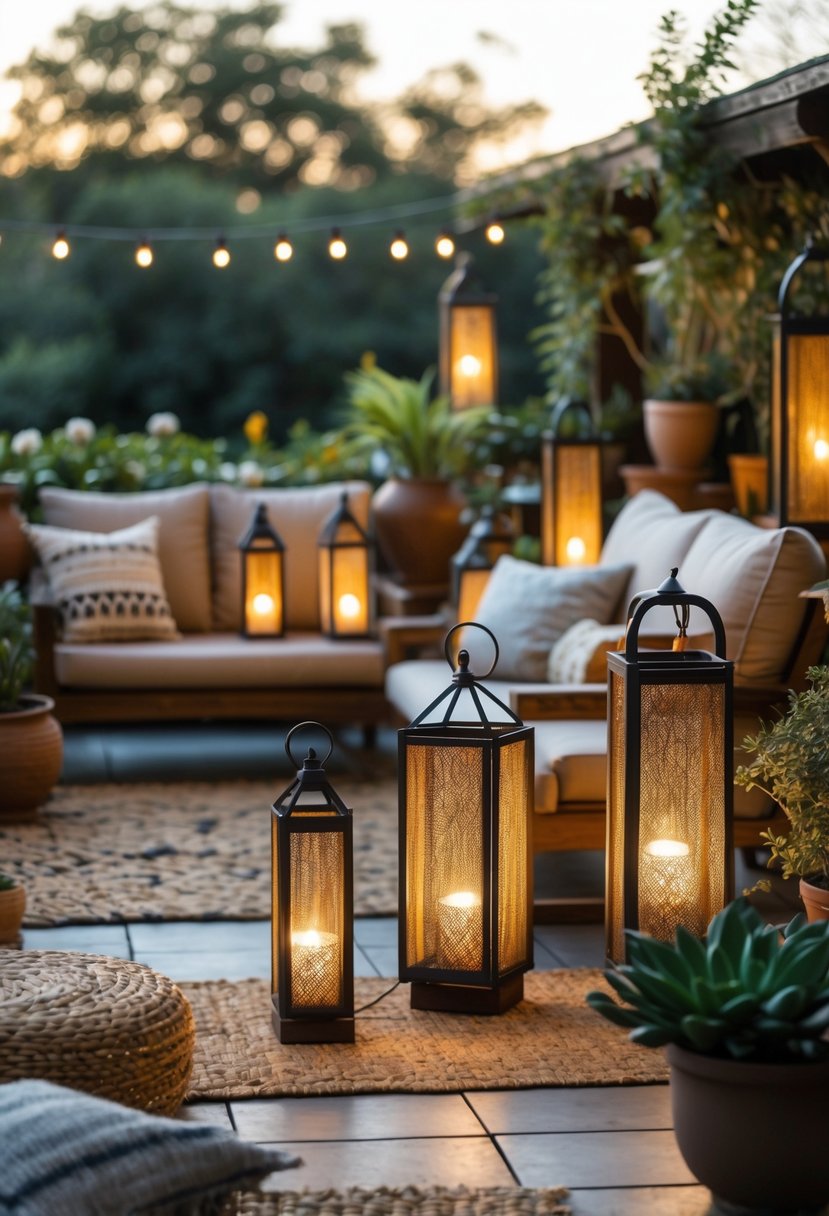 Outdoor terrace with decorative lanterns made of metal and natural fibers, surrounded by plants and comfortable seating.
