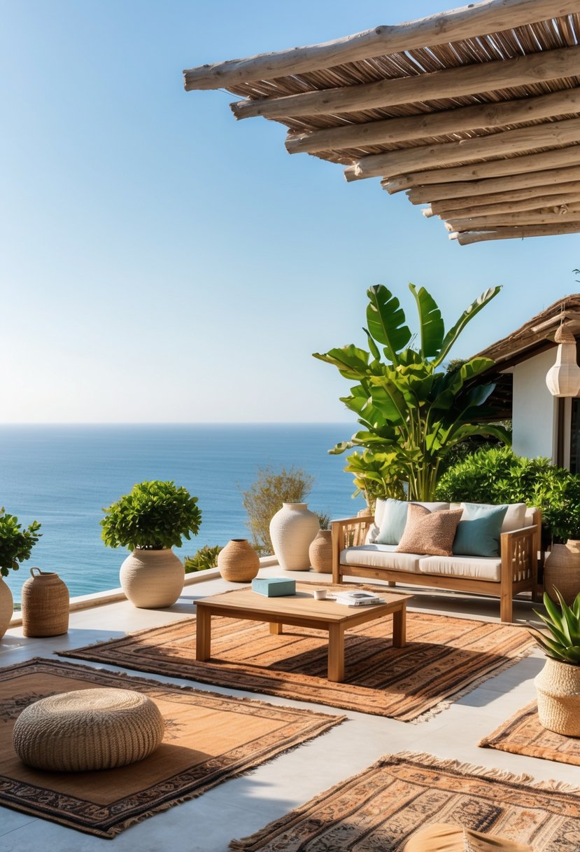 A peaceful terrace overlooking the ocean with layered rugs, wooden furniture, and green plants.