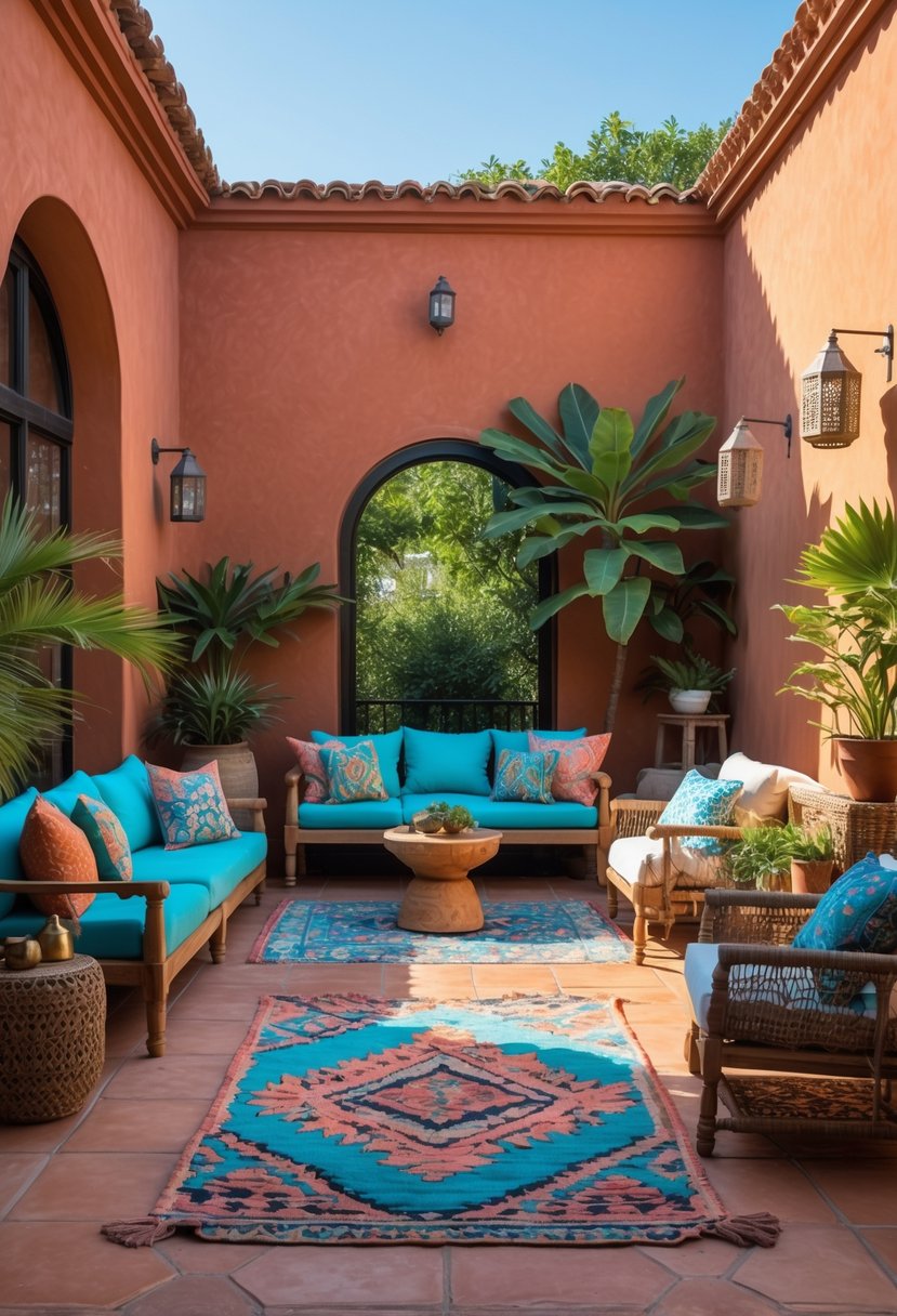 An outdoor terrace with terracotta walls and floor tiles, turquoise cushions on seating, wooden furniture, green plants, and hanging lanterns under natural sunlight.