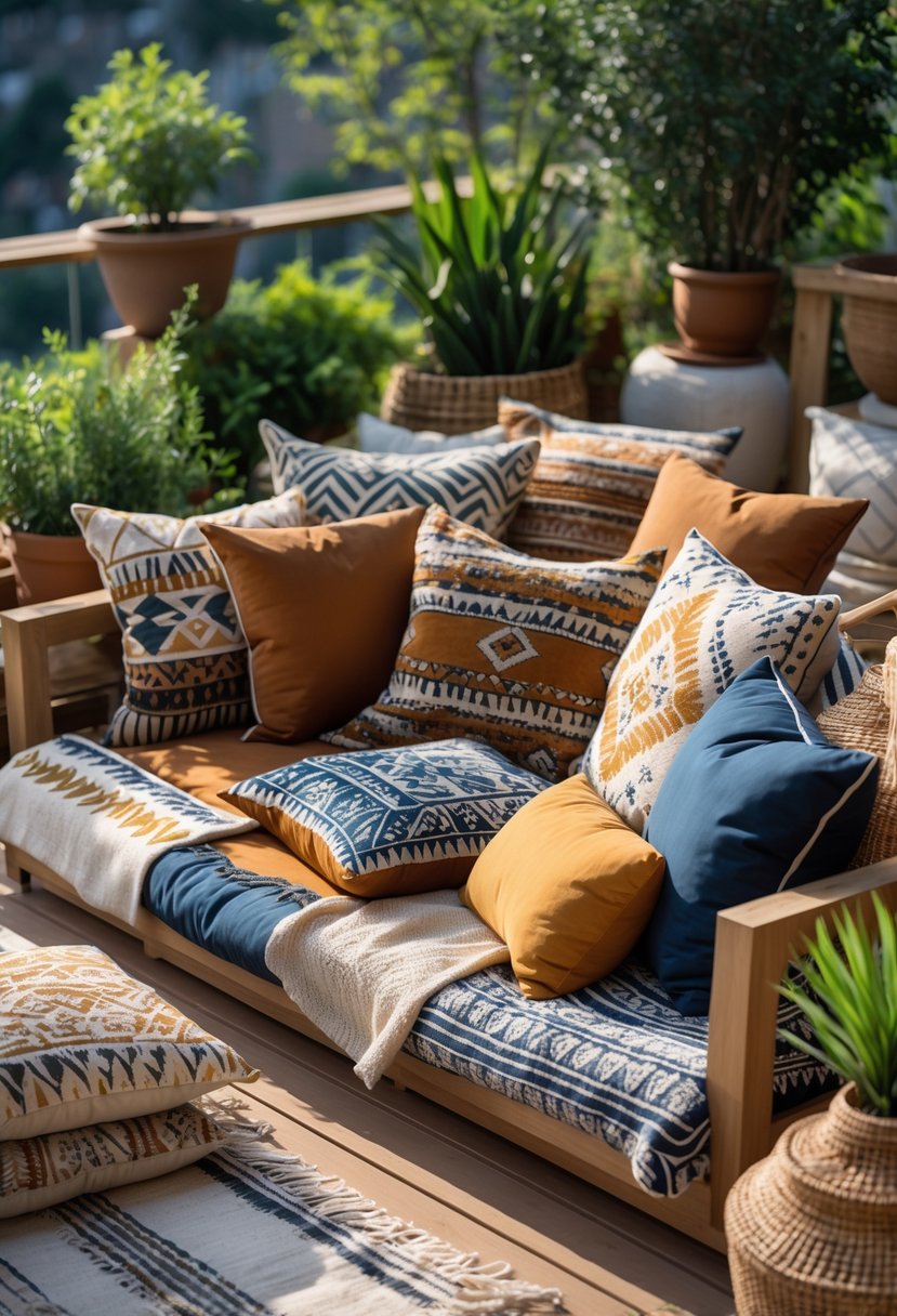 Outdoor terrace seating area with a variety of patterned throw pillows on wooden furniture surrounded by plants.