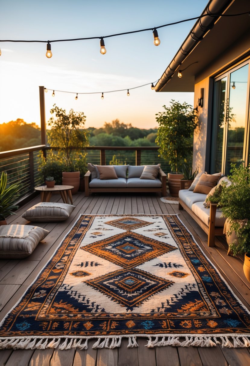 Outdoor terrace with a patterned rug, cushions, wooden tables, and plants in natural sunlight.