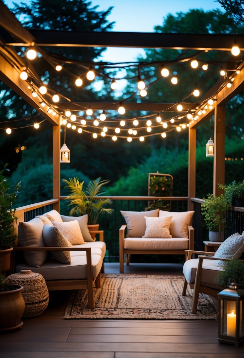An outdoor terrace with string lights overhead, wooden furniture, cushions, plants, and lanterns creating a warm and inviting atmosphere at dusk.