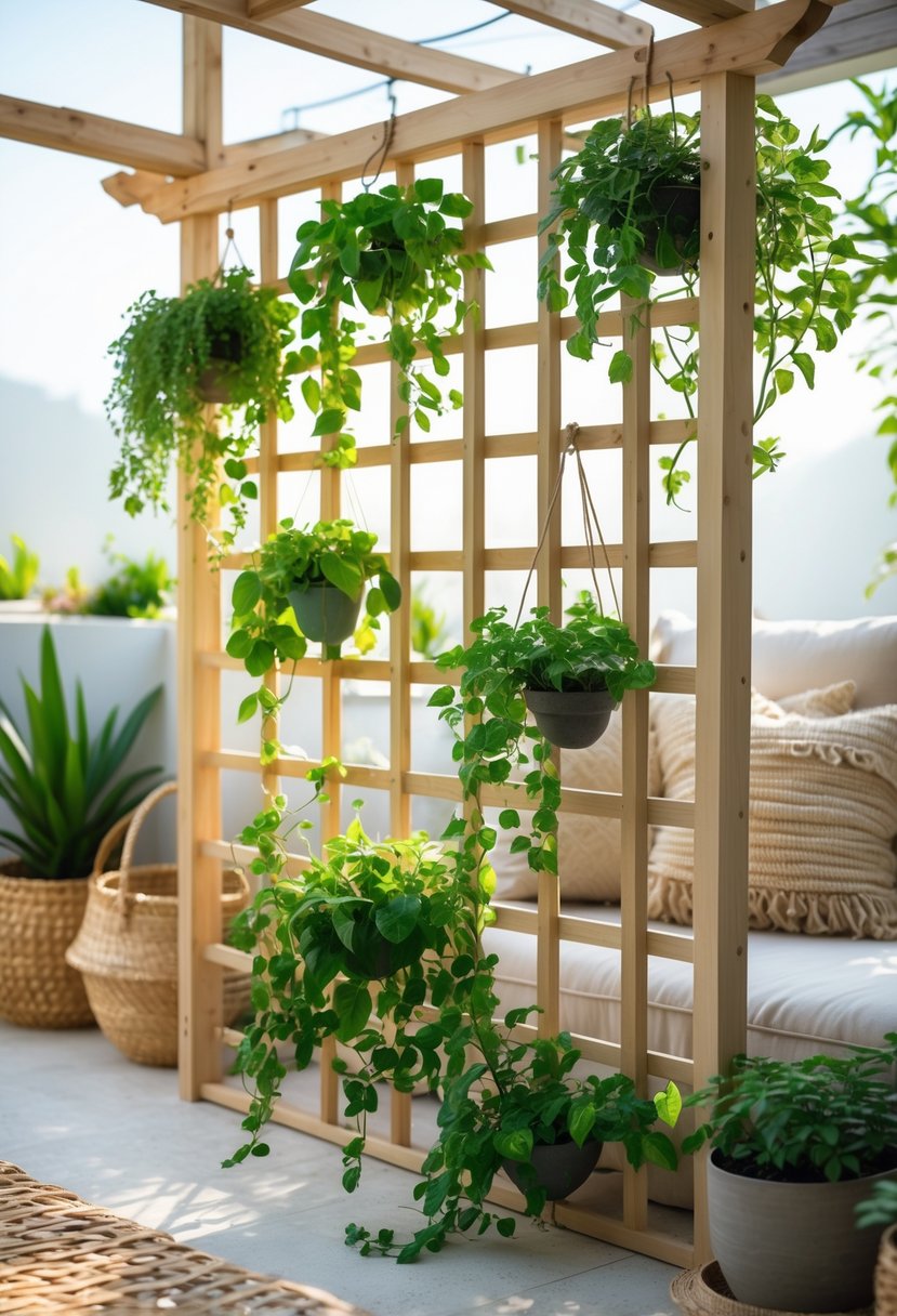 A natural wood trellis with hanging green plants on an outdoor terrace.