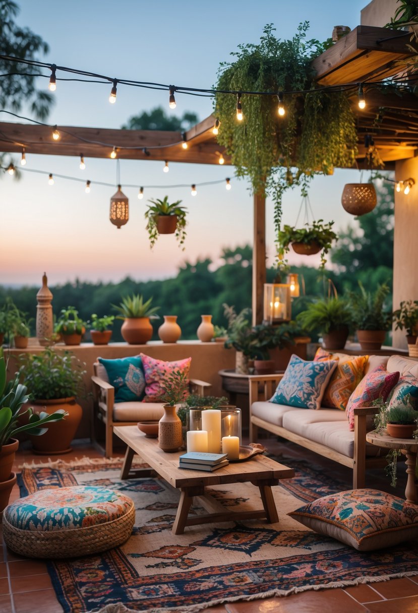 Outdoor terrace with wooden furniture, colorful cushions, plants, and soft lighting creating a cozy and inviting space.