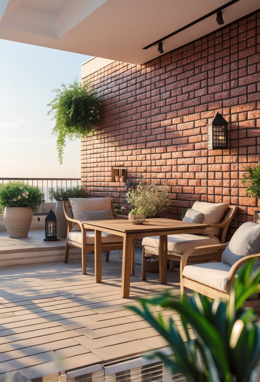 Outdoor terrace with textured faux brick wall panels, wooden furniture, potted plants, and warm natural lighting.