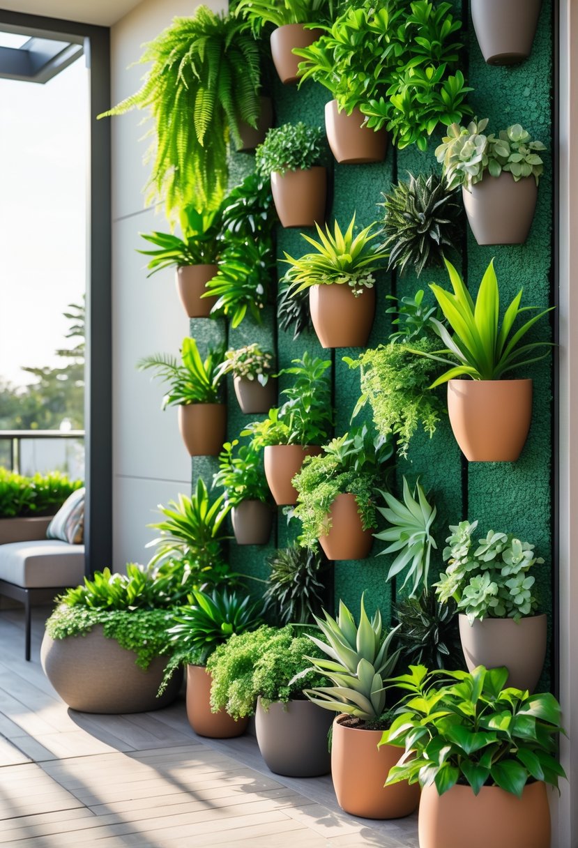 A vertical garden wall with various green potted plants arranged on a terrace with outdoor furniture.
