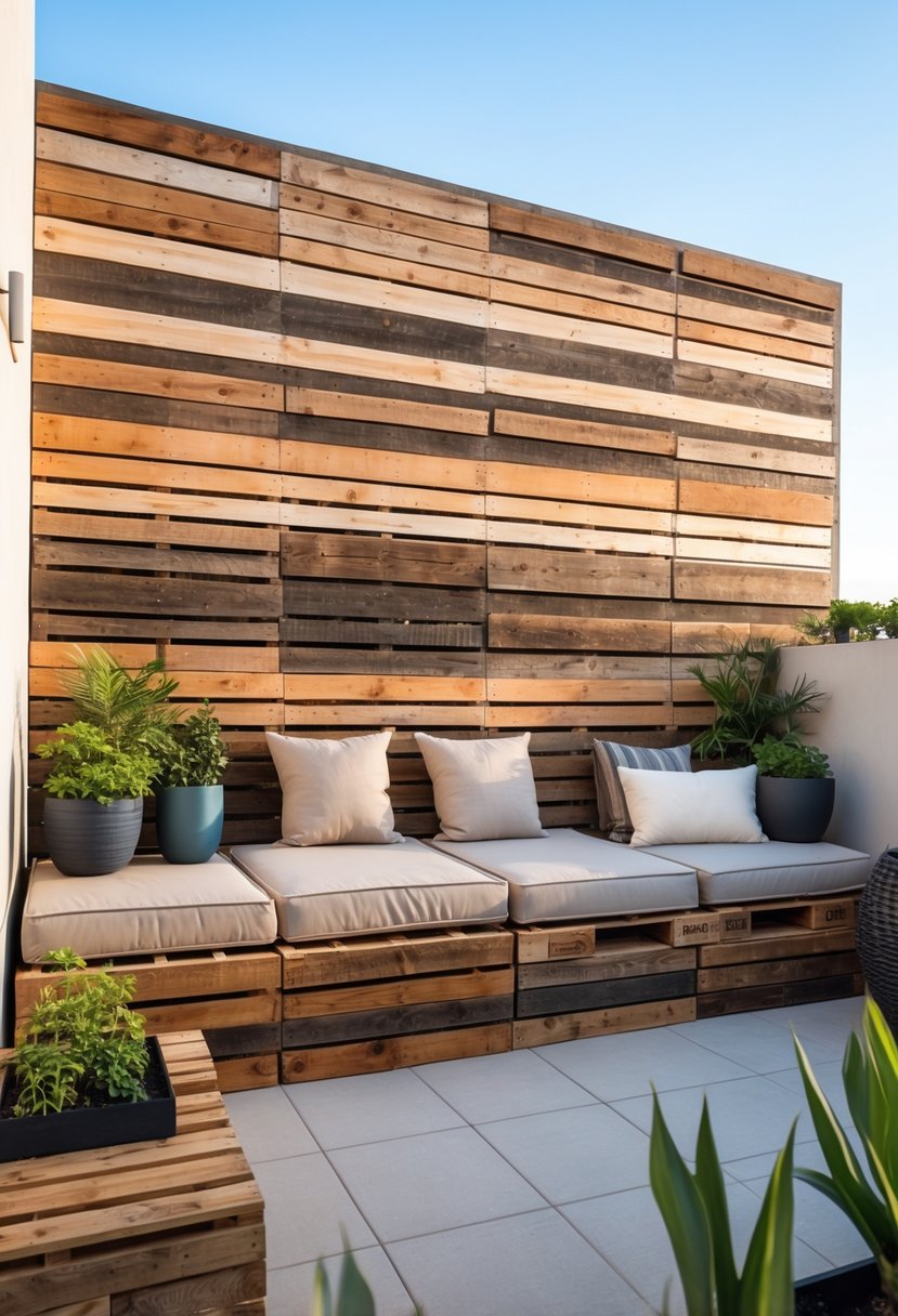 Outdoor terrace with a wall covered in pallet wood, featuring seating and plants.