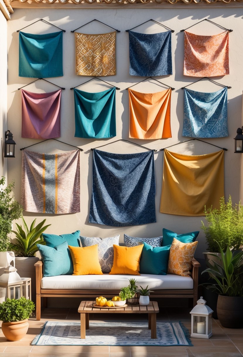 Outdoor terrace with fabric wall hangings, seating, and plants creating a cozy and inviting space.