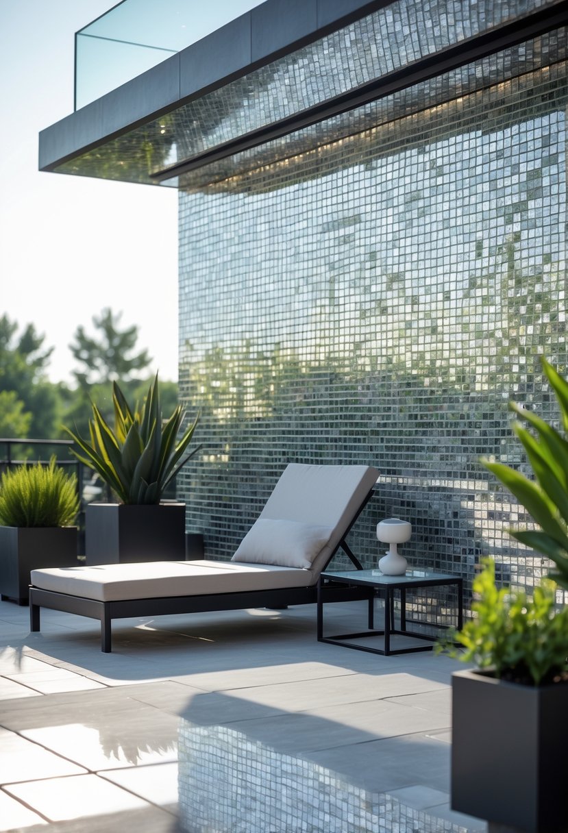 Outdoor terrace with a wall covered in reflective mirror mosaic tiles, modern furniture, and green plants.