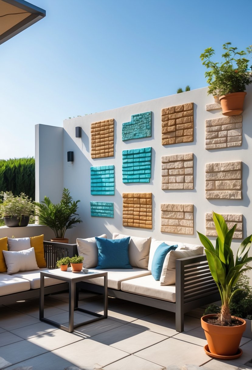 A terrace with outdoor furniture and colorful 3D wall decorations on the wall, surrounded by plants under natural sunlight.