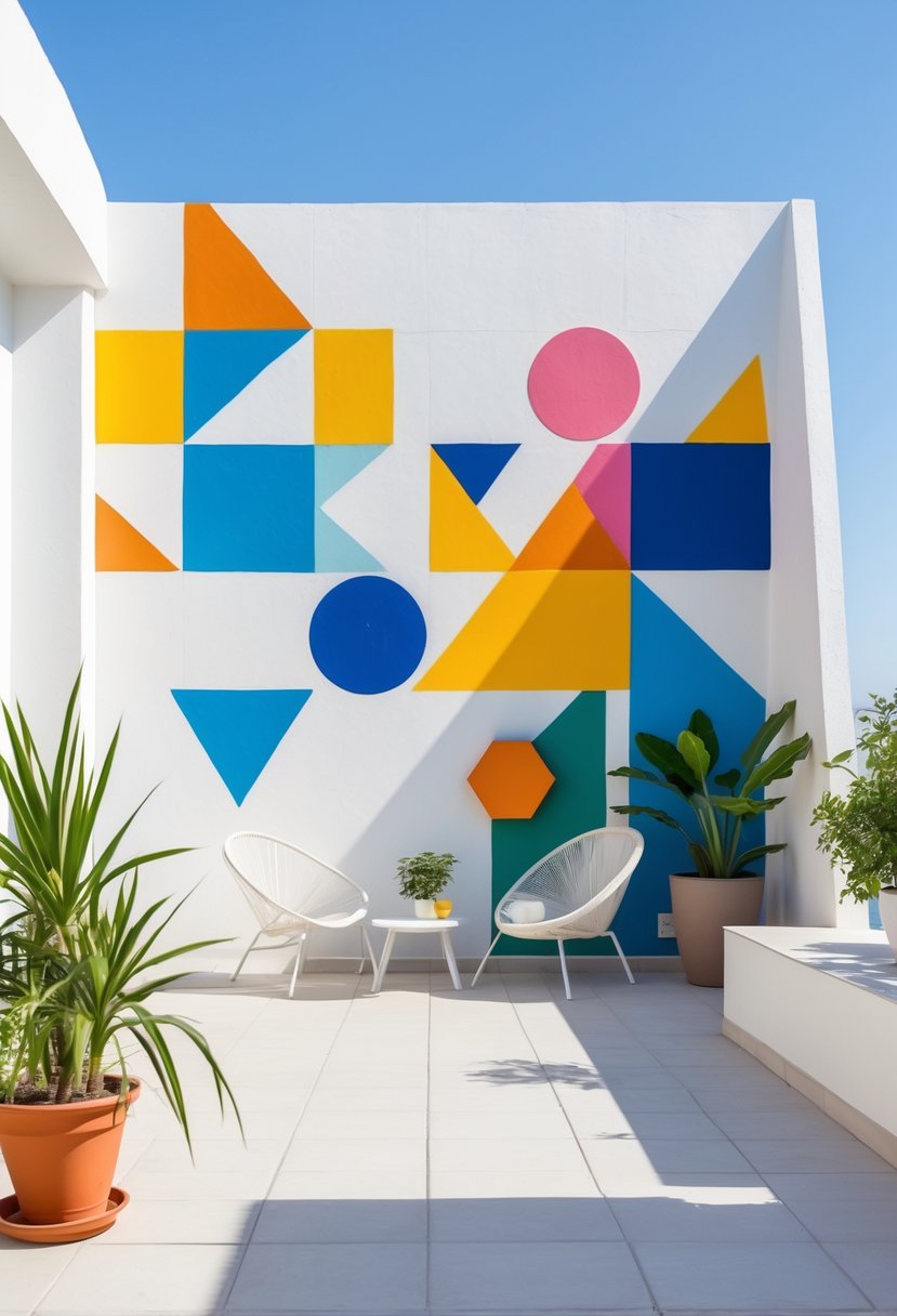 A terrace with a wall decorated in colorful geometric patterns, outdoor furniture, and potted plants under daylight.