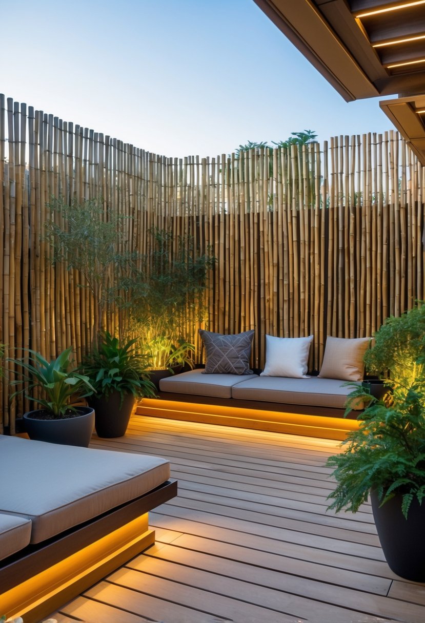 Outdoor terrace with vertical bamboo screens, seating area, and potted plants.