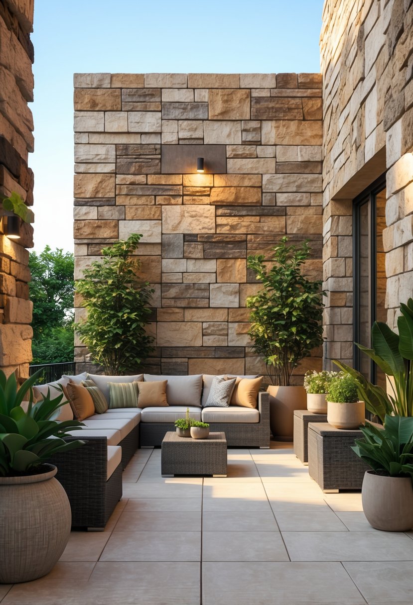 Outdoor terrace with a stone veneer wall, modern furniture, plants, and ambient lighting.