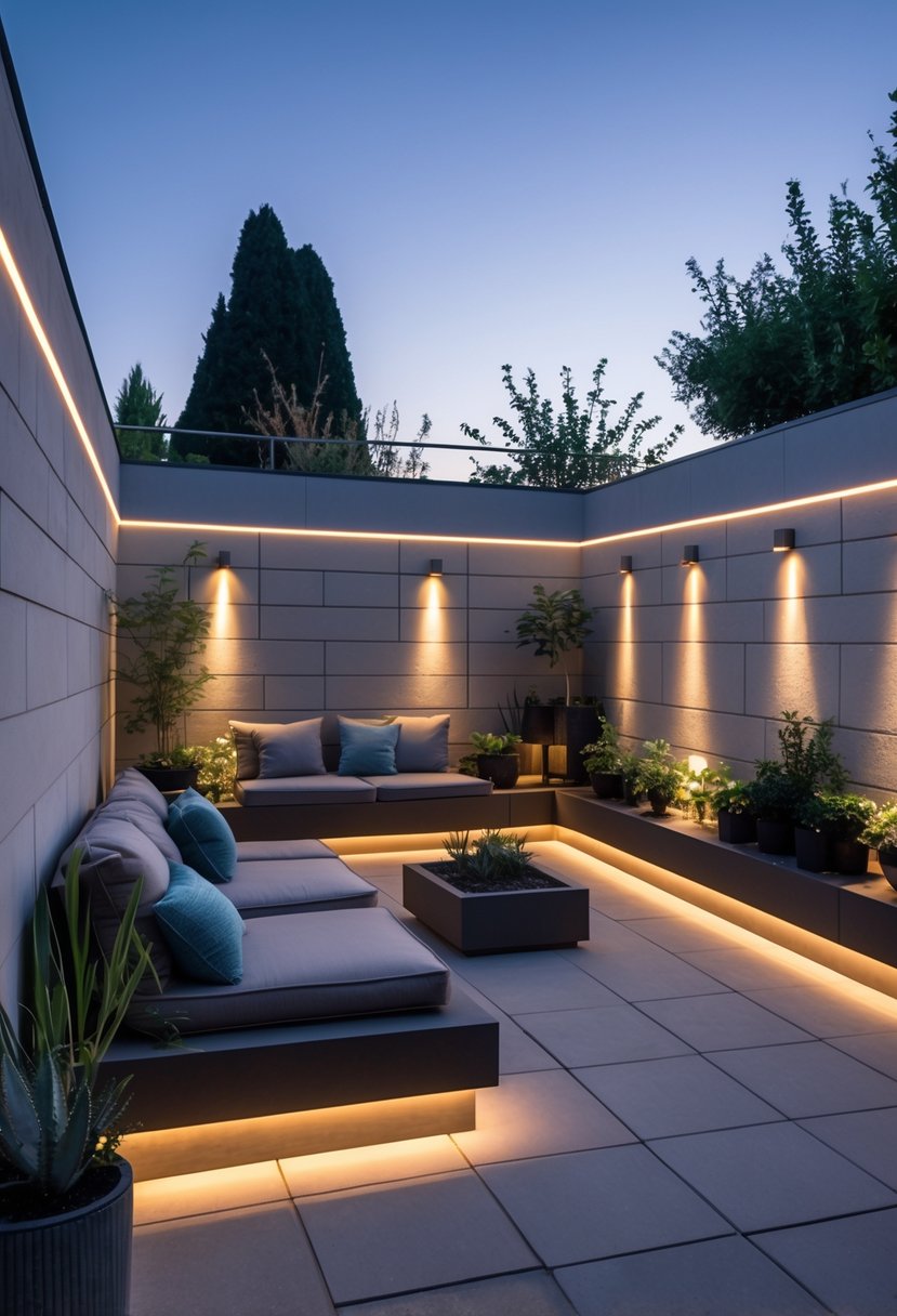 Outdoor terrace with LED strip lighting along the walls, seating area, and plants at twilight.