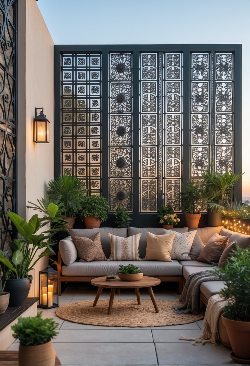 Outdoor terrace with decorative metal wall grilles, plants, and comfortable seating.