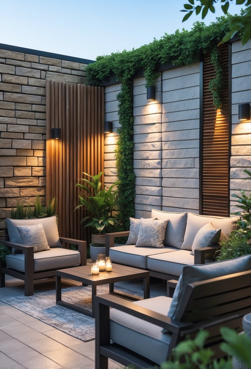 A terrace with stylish walls featuring stone panels, wooden slats, climbing plants, outdoor furniture, and decorative lighting under daylight.