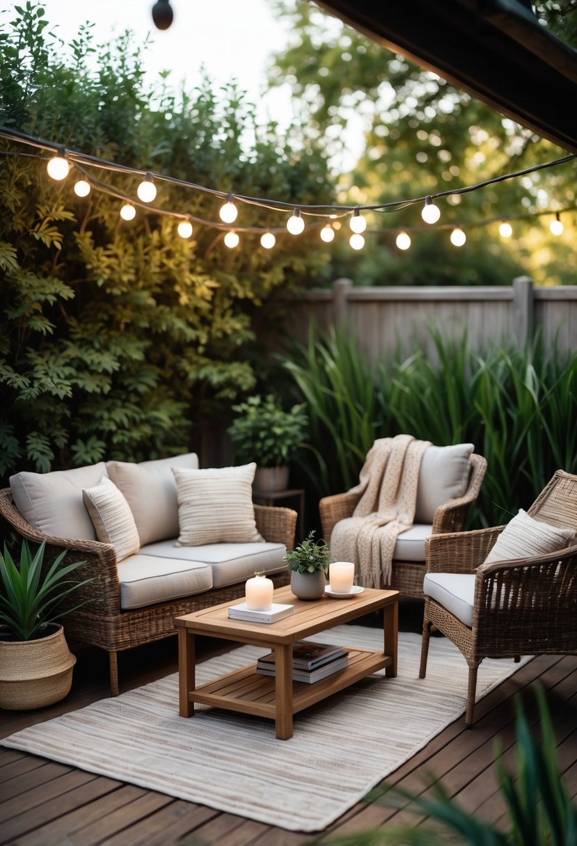 An outdoor seating area with cushioned chairs, a small wooden table, plants, and string lights in a garden setting.