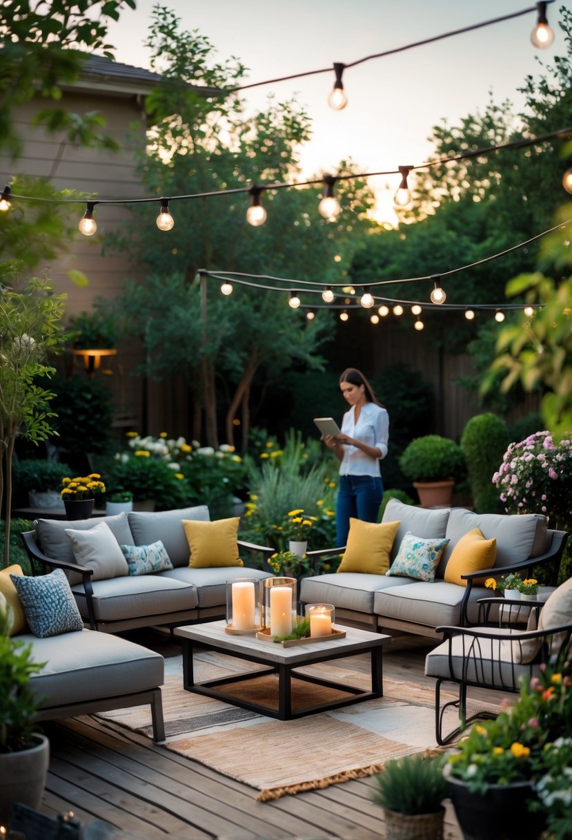A cozy outdoor living room with cushioned seating, a coffee table, plants, and a person planning the space using a notebook.