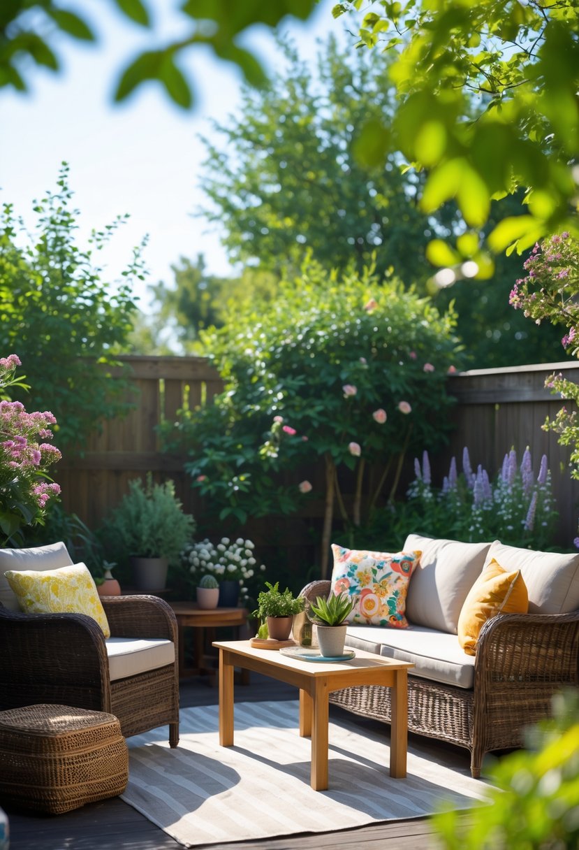 Cozy outdoor living area with cushioned seating, a small table, plants, and natural greenery in a backyard.