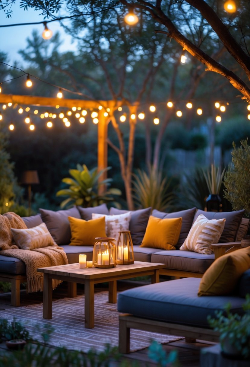 An outdoor living room with cushioned seating, throw blankets, pillows, string lights, and a small table in a garden setting during early evening.