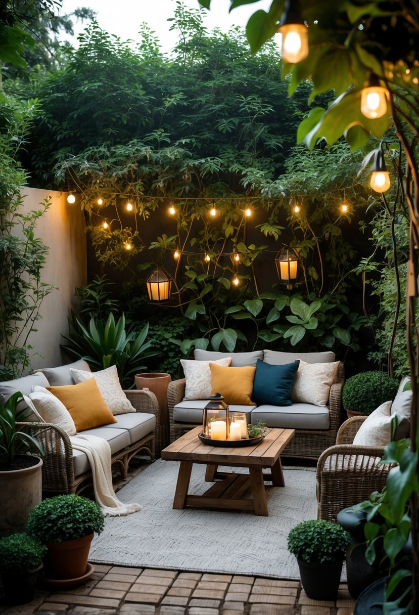 An outdoor seating area with comfortable chairs, cushions, plants, and warm lighting surrounded by greenery.