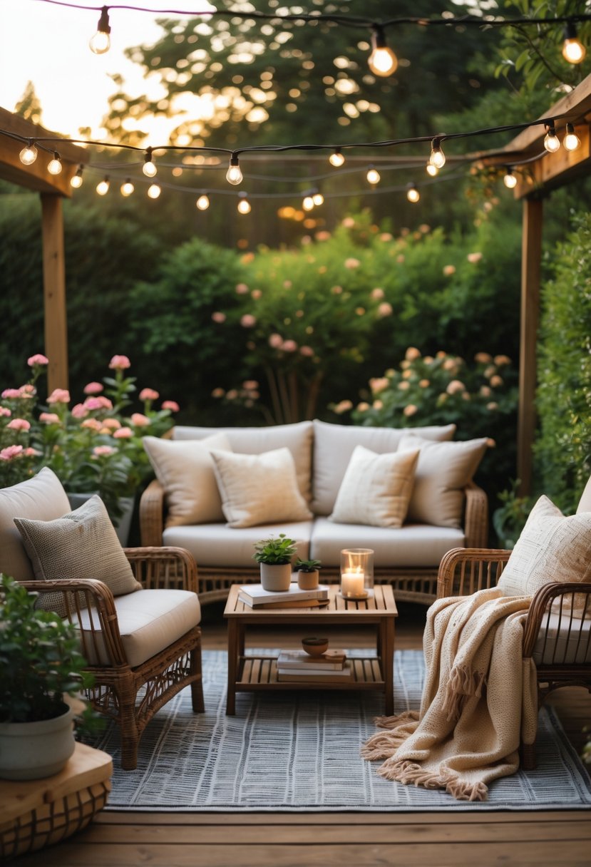 An outdoor patio with comfortable seating, cushions, a coffee table with plants and books, surrounded by greenery and string lights overhead.