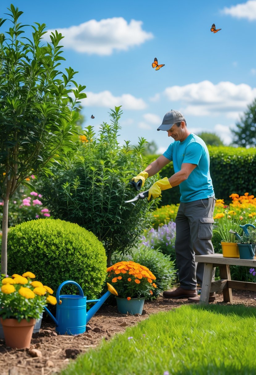 A person pruning plants in a lush garden with mosquito-repellent flowers on a sunny day.