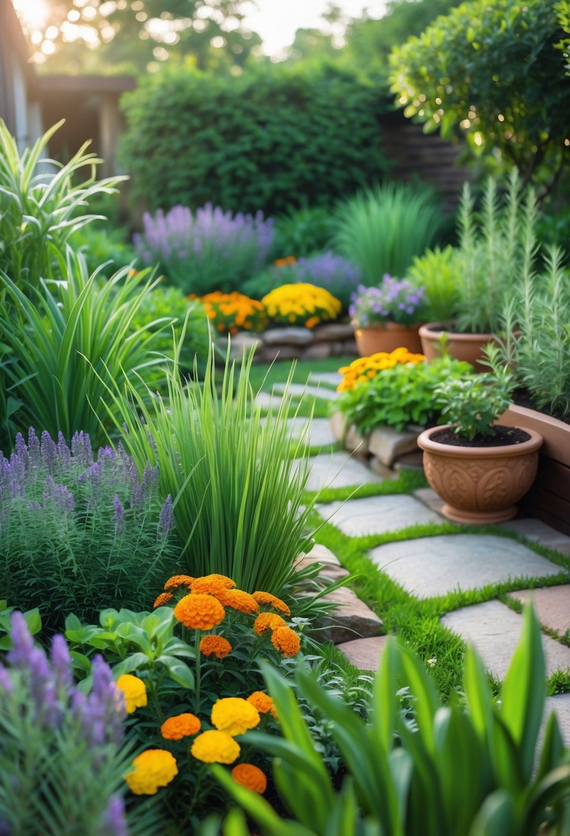 A garden with various mosquito-repelling plants like citronella, lavender, marigolds, basil, and rosemary arranged among green grass and stone pathways under natural sunlight.
