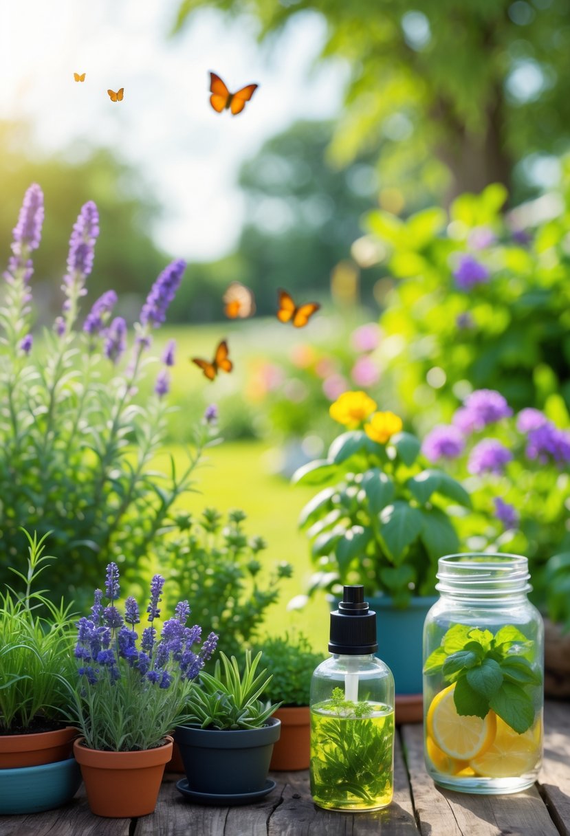 A garden with potted mosquito-repelling plants and a jar of homemade natural mosquito spray on a wooden table surrounded by greenery and flowers.