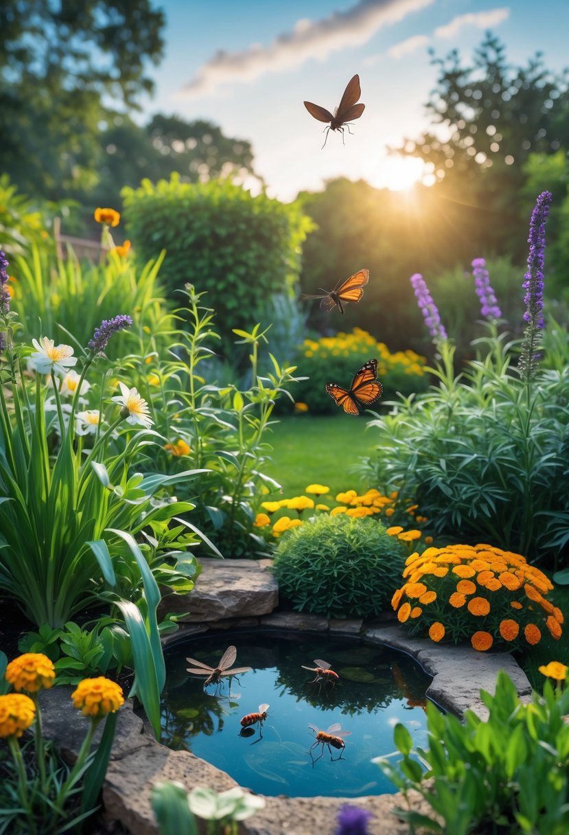 A sunlit garden with flowers, plants, dragonflies, ladybugs, birds, a small pond with fish and frogs, and a bat flying in the background.