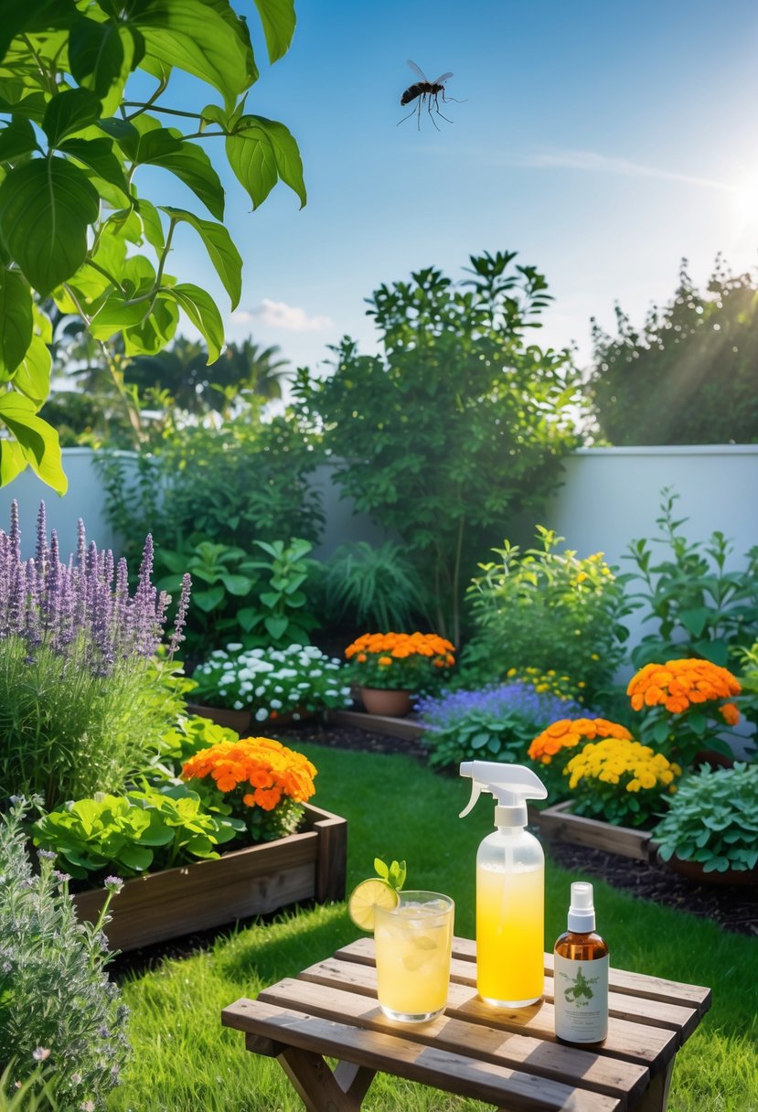 A sunlit garden with green plants and flowers, including lavender and marigolds, with a wooden bench holding a glass of lemonade and a natural mosquito repellent spray bottle.