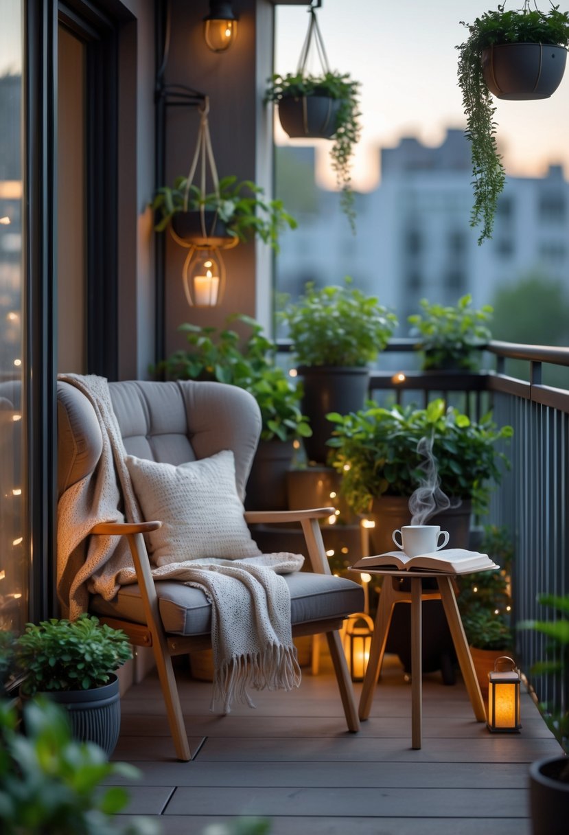 A small balcony with a cushioned armchair, a side table holding a cup and an open book, surrounded by green plants and soft lighting.