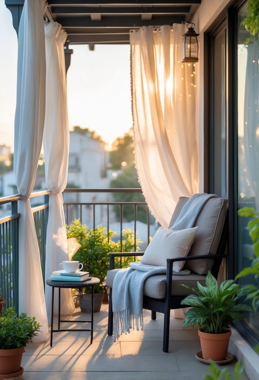 A cozy balcony reading nook with a cushioned armchair, side table with books and tea, surrounded by plants and soft sunlight.