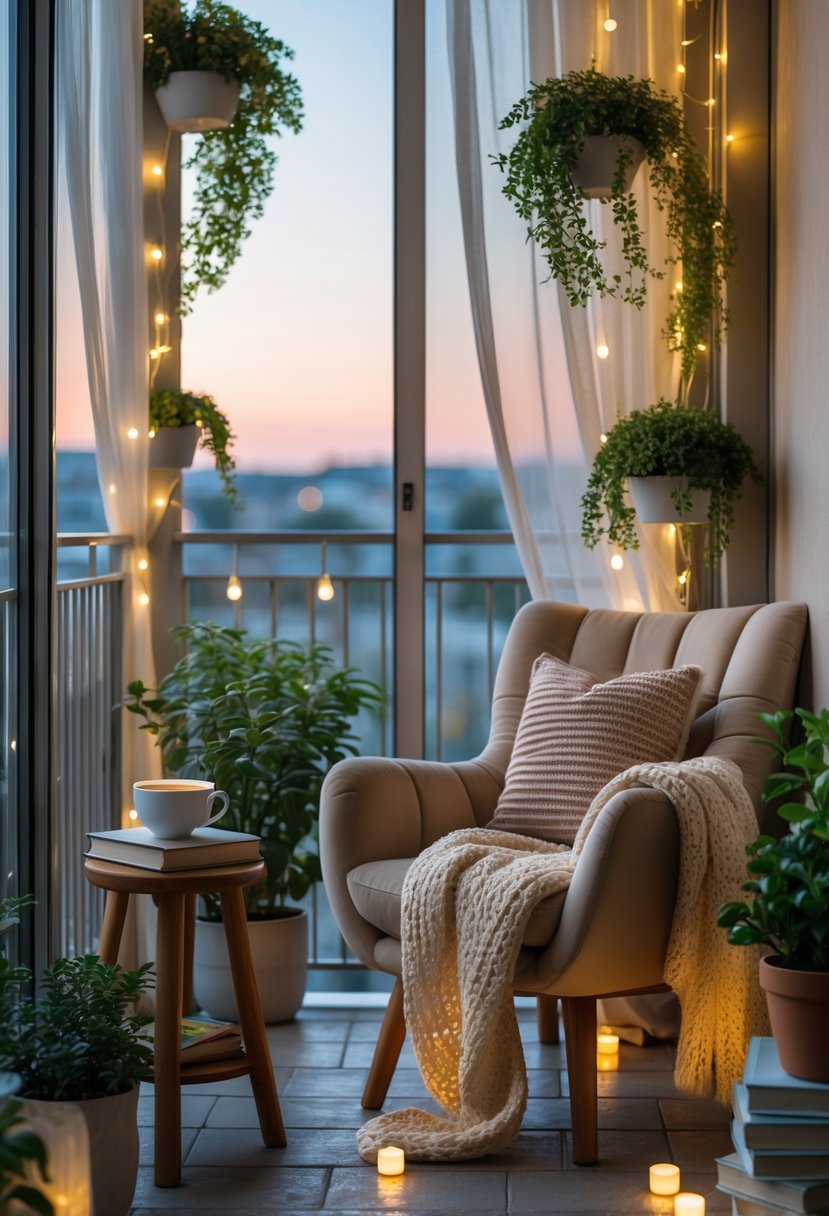 A cozy reading nook on a balcony with a cushioned armchair, throw pillows, a blanket, a small table with tea and books, surrounded by plants and soft lighting.