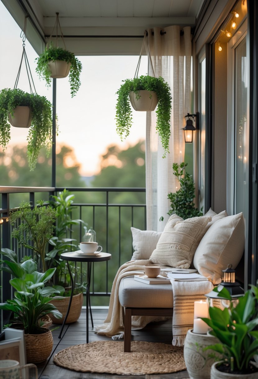A balcony with a cozy chair surrounded by green plants, a small table with books and a cup, and soft natural light creating a peaceful reading nook.