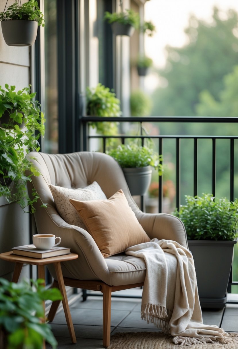 A cozy reading nook on a balcony with a cushioned chair, pillows, a small table with books and tea, surrounded by potted plants.