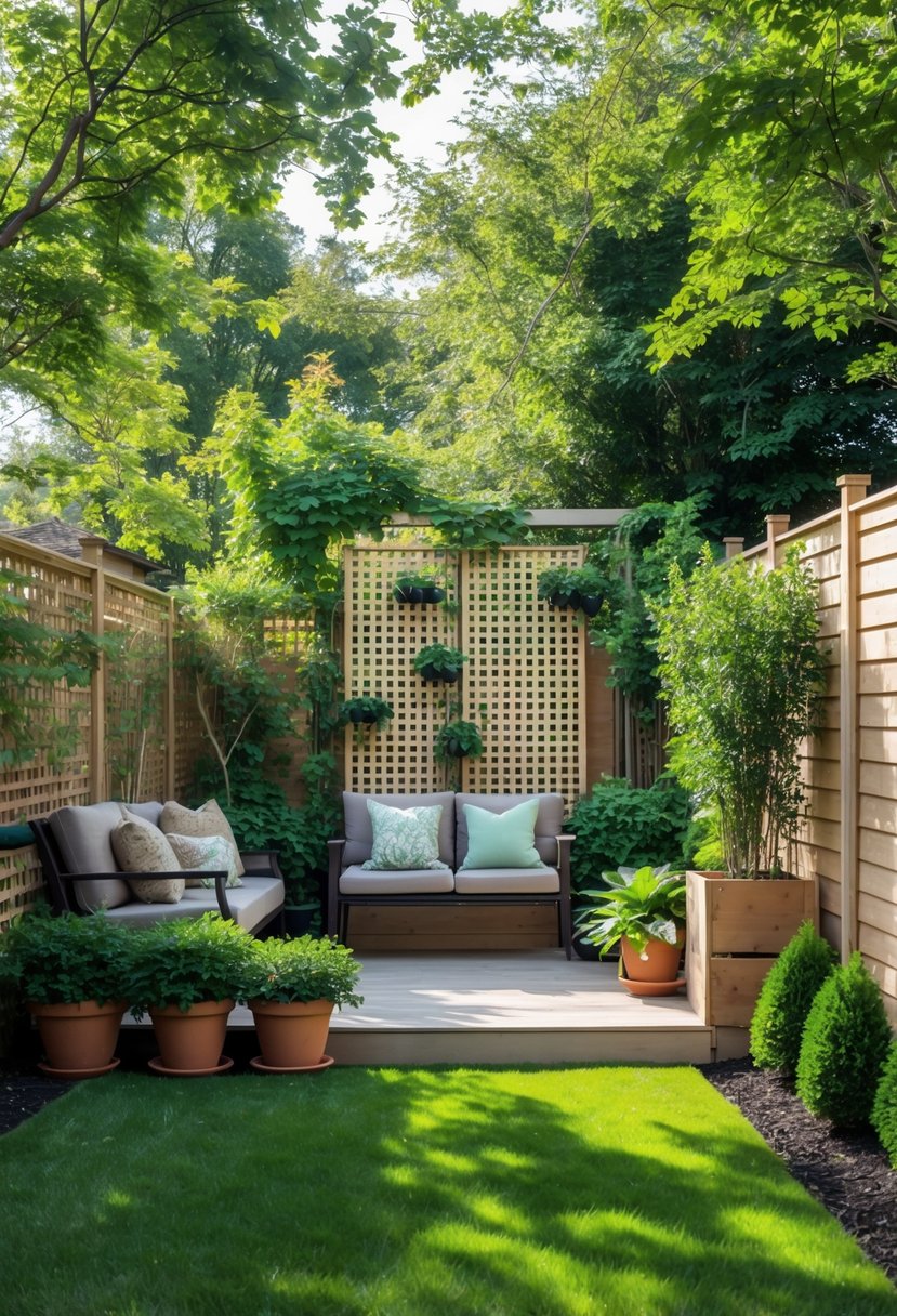 Backyard with wooden lattice panels, potted plants, climbing vines, and shrubs creating a private outdoor seating area.