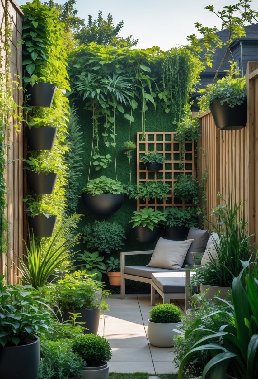 Backyard with vertical green walls, climbing plants, potted shrubs, and a small seating area creating privacy.