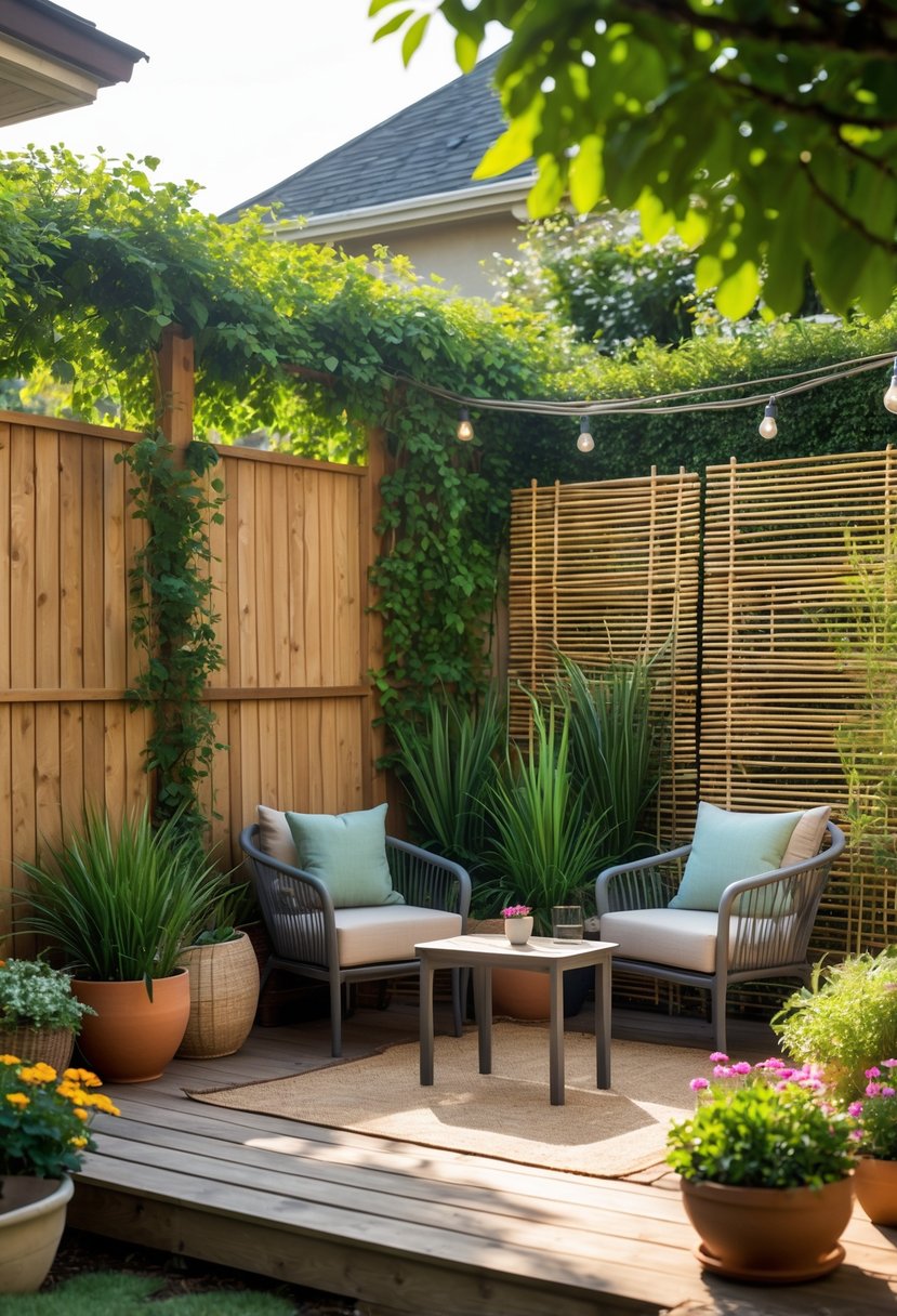 A backyard with a wooden fence covered in climbing plants, tall potted plants, bamboo screens, and outdoor furniture on a wooden deck surrounded by flowers and string lights.