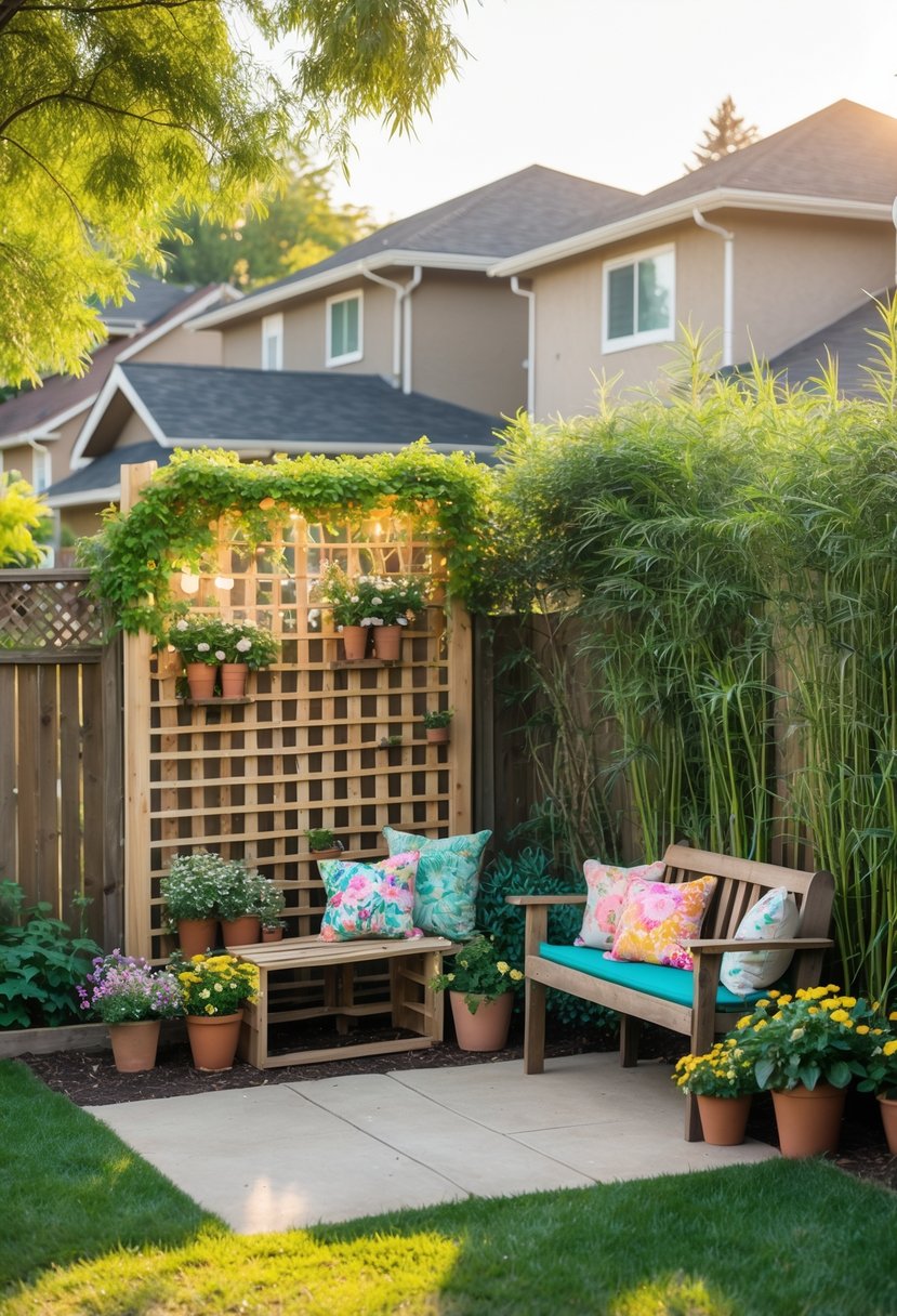 A backyard with wooden lattice fencing covered in climbing plants, a DIY pallet screen with flowers, a wooden bench with cushions, and tall shrubs providing privacy.
