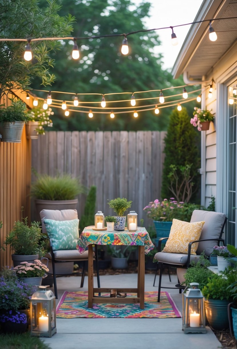 A cozy outdoor patio with a small table, chairs with cushions, potted plants, string lights, and decorative lanterns in a garden setting.