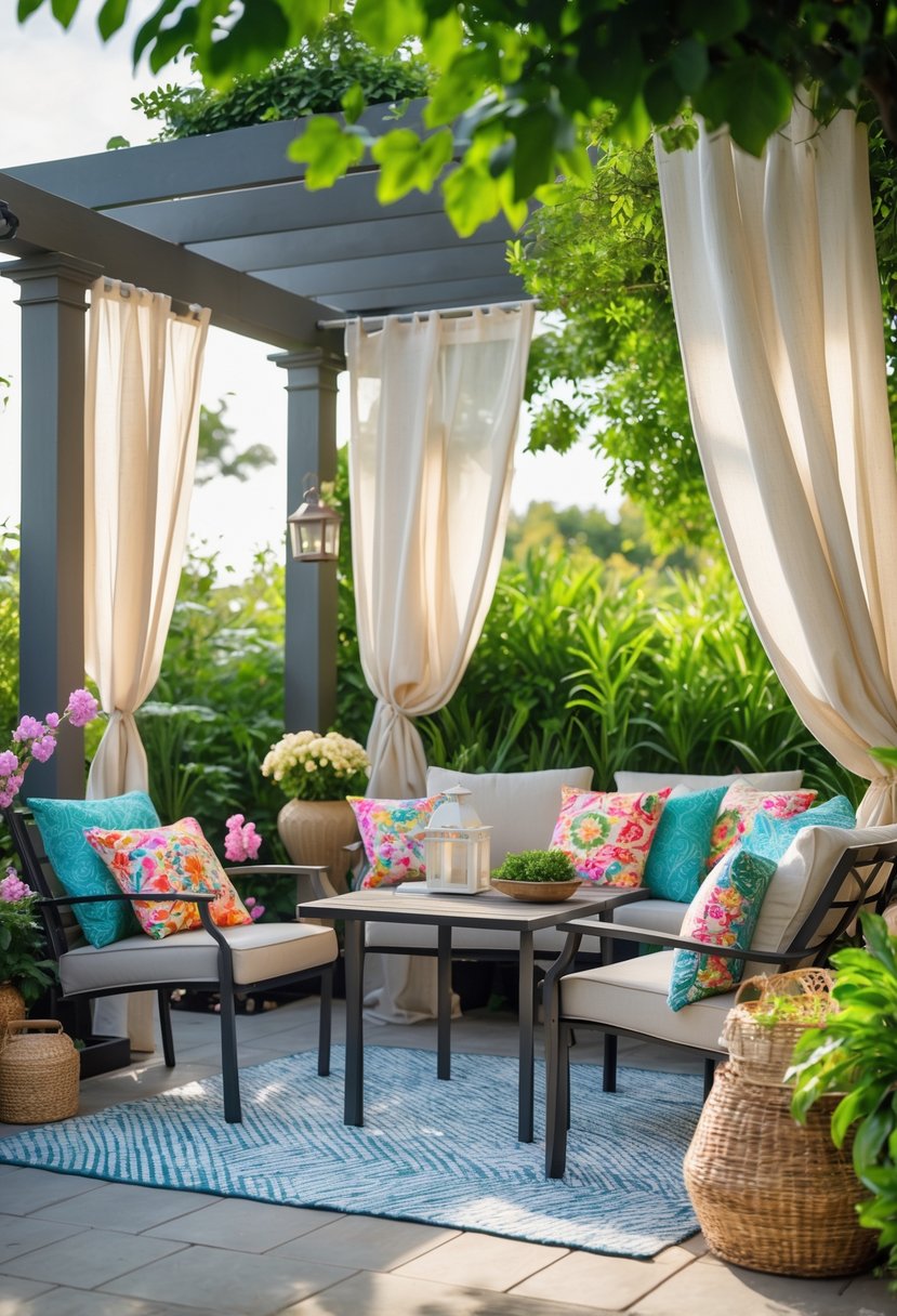 Outdoor patio with a table and chairs decorated with colorful cushions, a patterned rug, hanging fabric curtains, and surrounding plants.