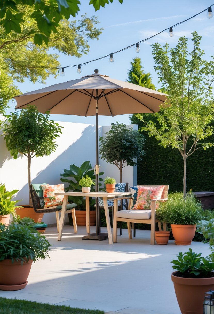 A cozy patio with green plants, a shaded umbrella, a wooden table, and chairs with cushions.