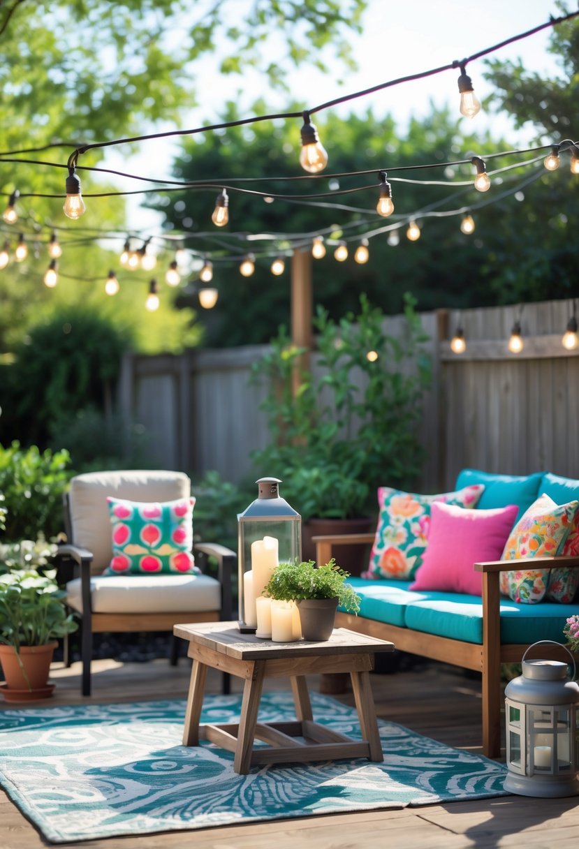 A sunlit patio with a wooden bench, colorful cushions, potted plants, candles, string lights, and outdoor rugs creating a cozy outdoor space.