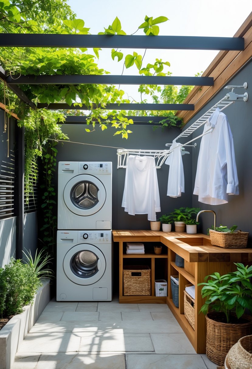 An outdoor laundry area with a stacked washer and dryer, hanging clothes, a sink, storage cabinets, and plants in a small garden setting.