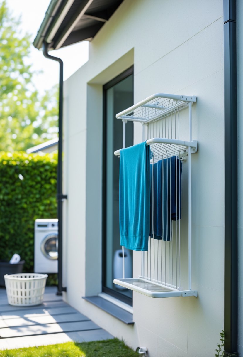 Compact fold-down drying rack mounted on the exterior wall of a small home with a neat outdoor laundry area.