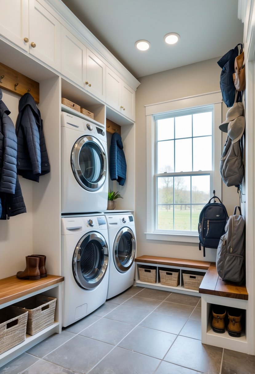 A bright mudroom with a stacked washer and dryer, storage cubbies holding outdoor gear like jackets and boots, and a bench with baskets underneath.