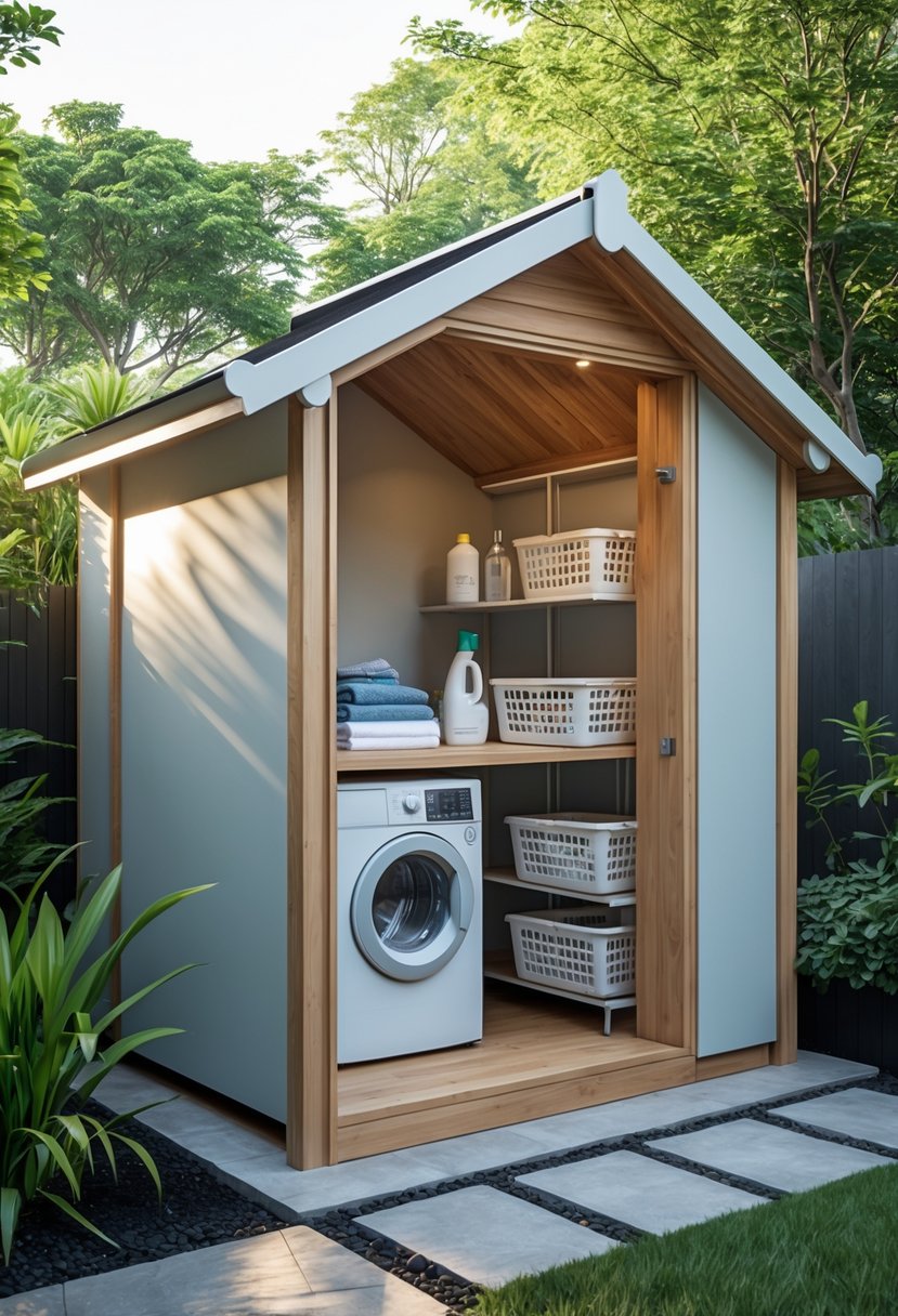 Small covered outdoor utility hut for washing and folding laundry next to a garden with plants and a stone pathway.
