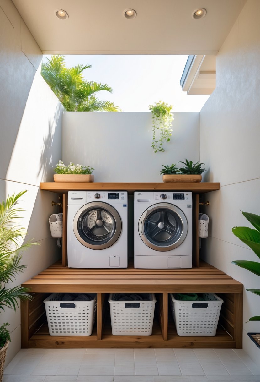 Outdoor laundry room with a built-in bench and hidden laundry baskets underneath, surrounded by laundry appliances and plants.